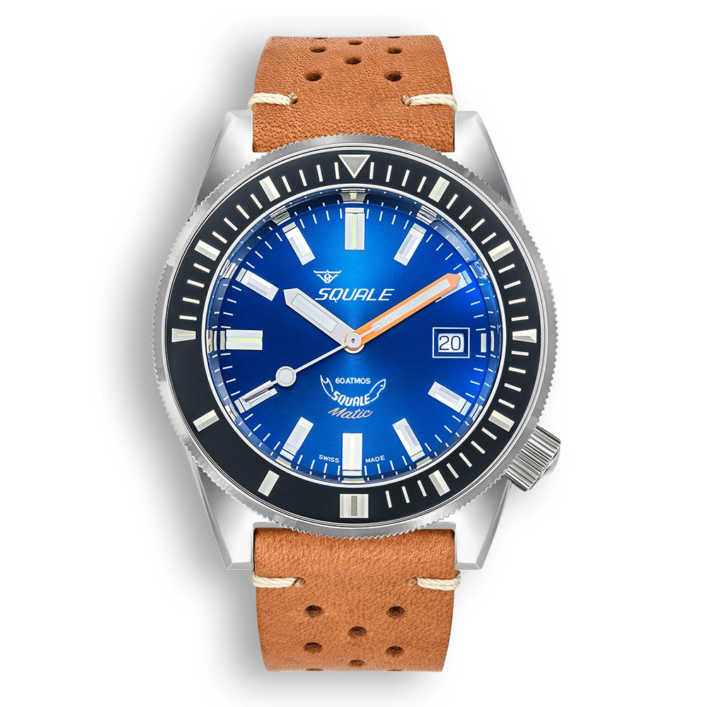 Squale Matic bleu foncé, bracelet cuir brun clair, vue de face