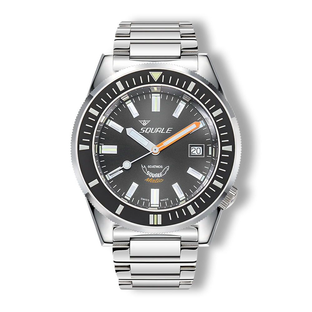Squale Matic grise, bracelet acier, vue de face