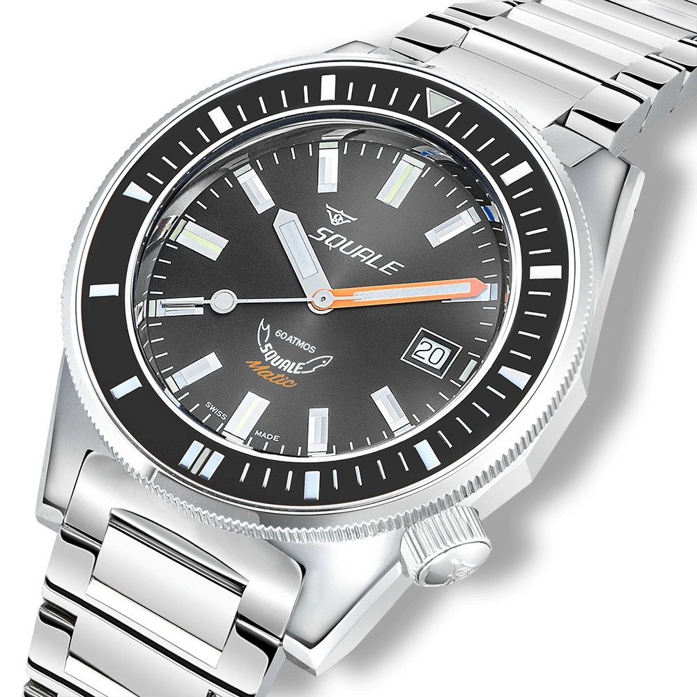 Squale Matic grise, bracelet acier, profil et couronne