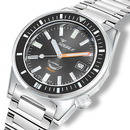 Squale Matic grise, bracelet acier, profil et couronne