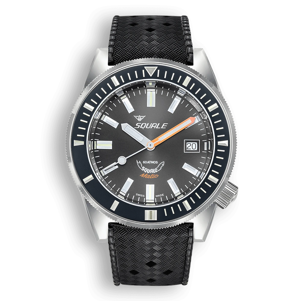 Squale Matic grise, bracelet caoutchouc noir, vue de face
