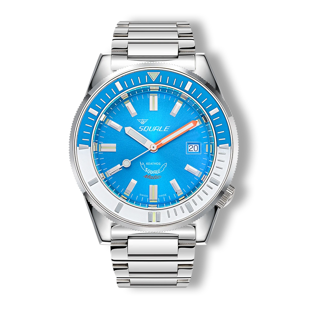 Squale Matic bleu clair, bracelet acier, vue de face