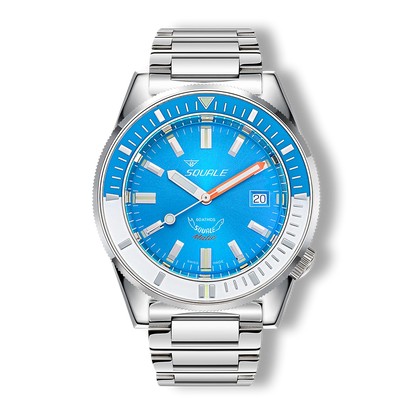 Squale Matic bleu clair, bracelet acier, vue de face