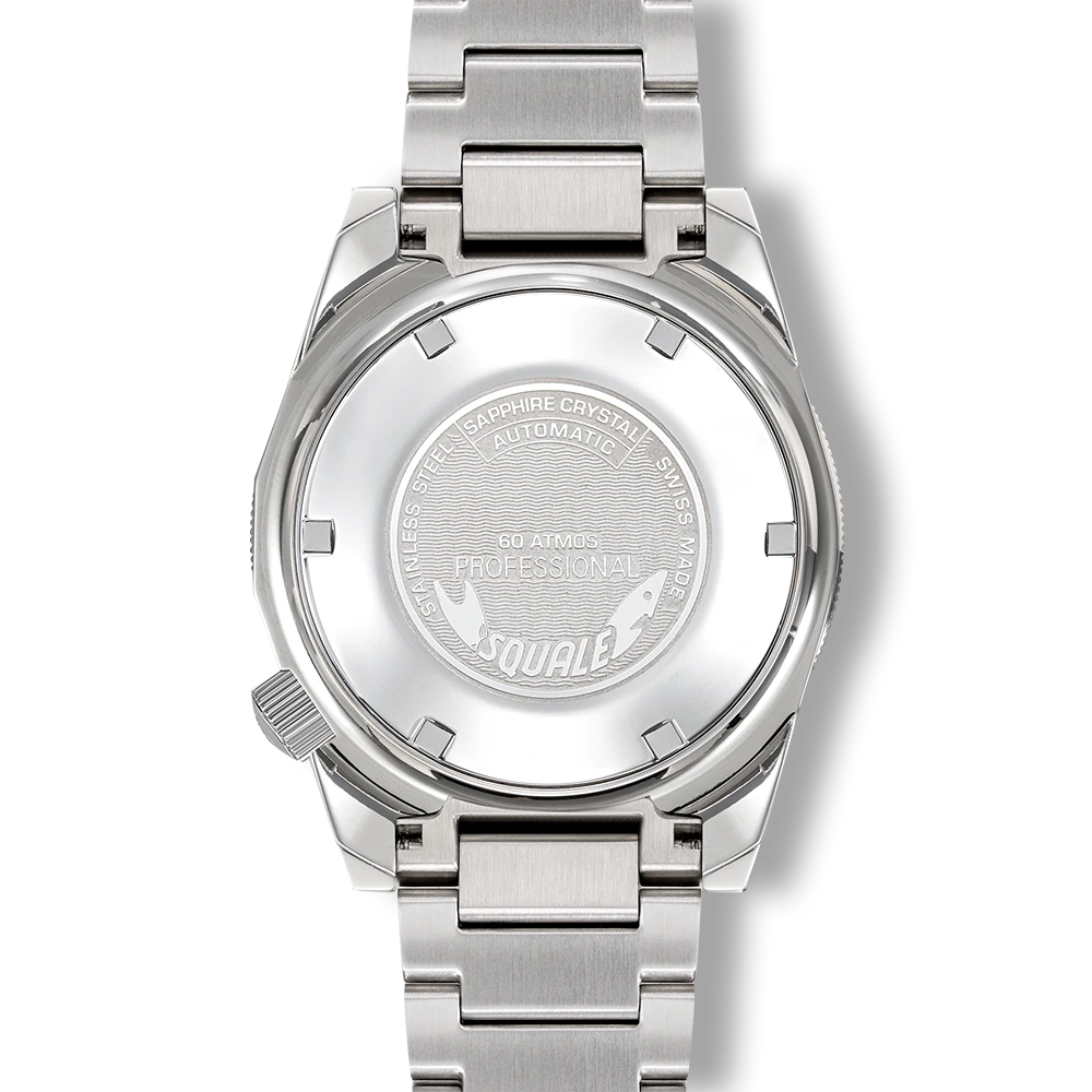 Squale Matic bleu clair, bracelet acier, fond du boîtier