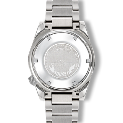 Squale Matic bleu clair, bracelet acier, fond du boîtier