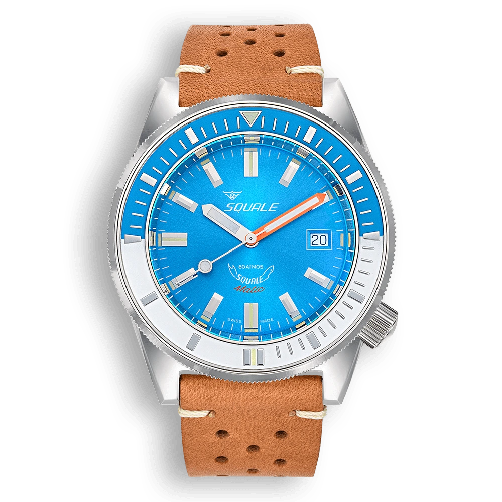 Squale Matic bleu clair, bracelet cuir brun clair, vue de face
