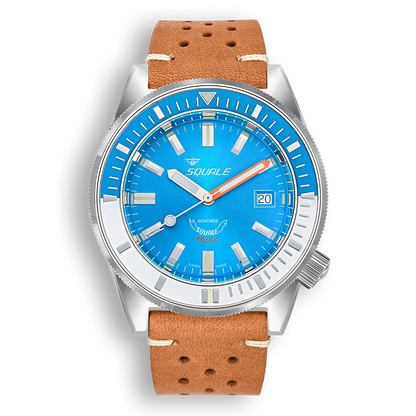 Squale Matic bleu clair, bracelet cuir brun clair, vue de face