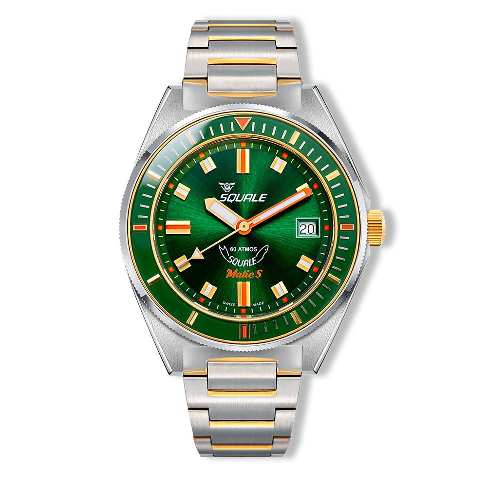 Squale Matic S verte bicolore, bracelet acier, vue de face