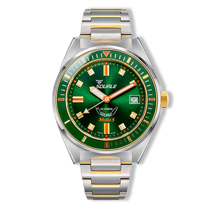 Squale Matic S verte bicolore, bracelet acier, vue de face