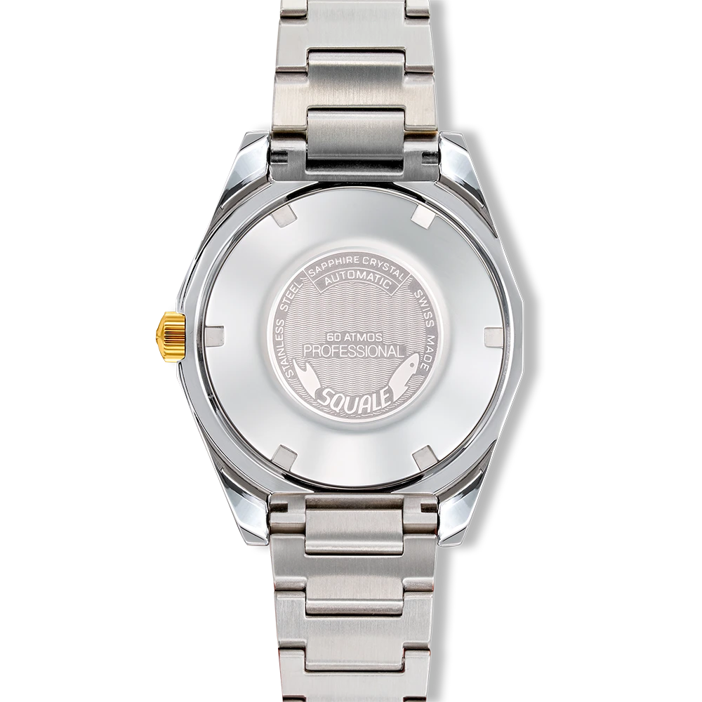 Squale Matic S verte bicolore, bracelet acier, fond du boîtier