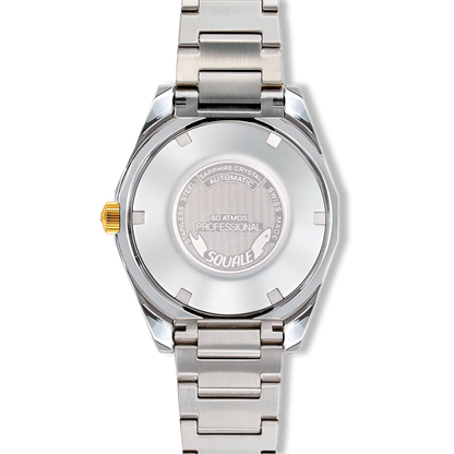 Squale Matic S verte bicolore, bracelet acier, fond du boîtier