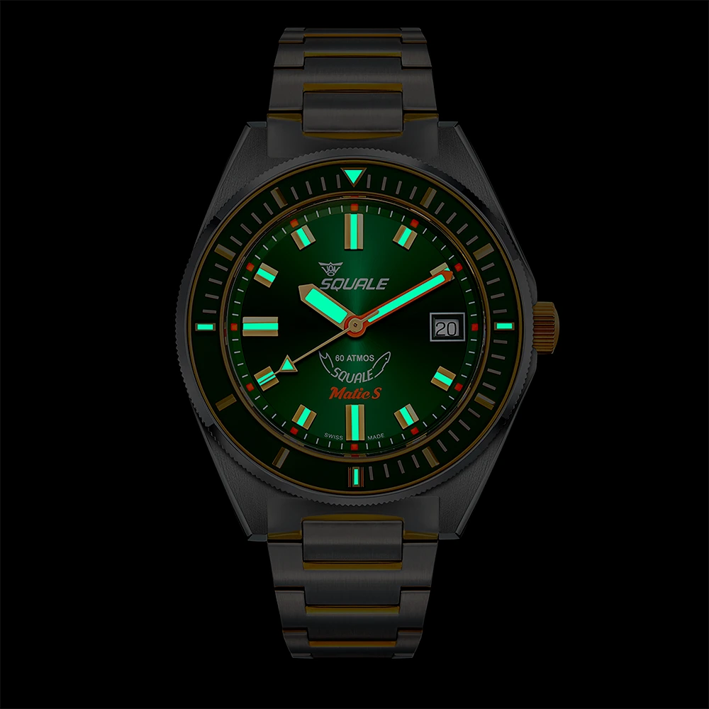 Squale Matic S verte bicolore, bracelet acier, luminescence