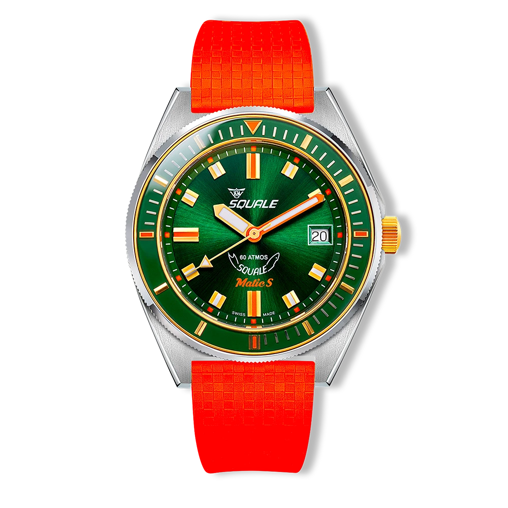 Squale Matic S verte bicolore, bracelet caoutchouc Mosaic, vue de face