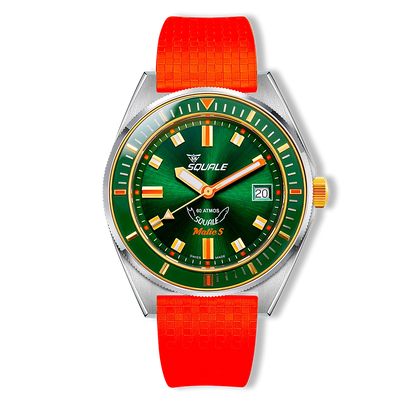 Squale Matic S verte bicolore, bracelet caoutchouc Mosaic, vue de face
