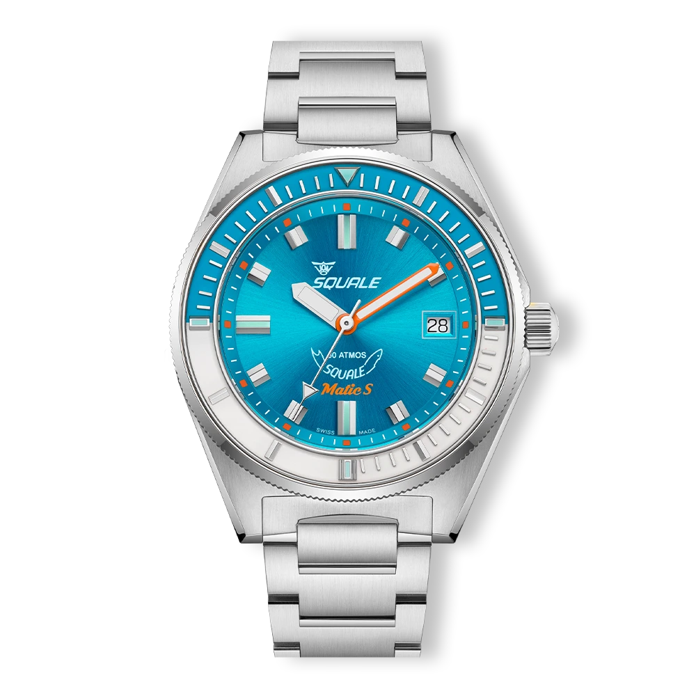 Squale Matic S bleu clair, bracelet acier, vue de face