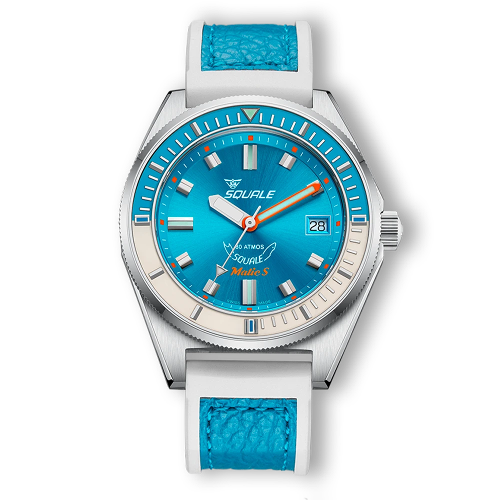 Squale Matic S bleu clair, bracelet HydroLeather, vue de face