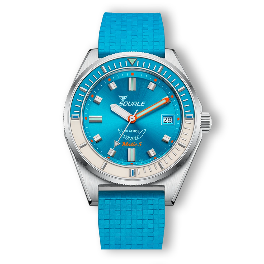 Squale Matic S bleu clair, bracelet caoutchouc Mosaic, vue de face