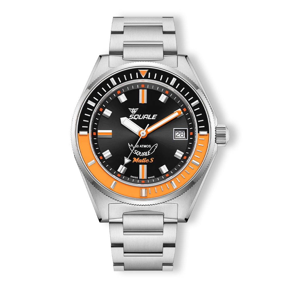 Squale Matic S noire et orange, bracelet acier, vue de face