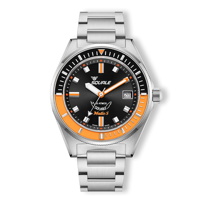Squale Matic S noire et orange, bracelet acier, vue de face
