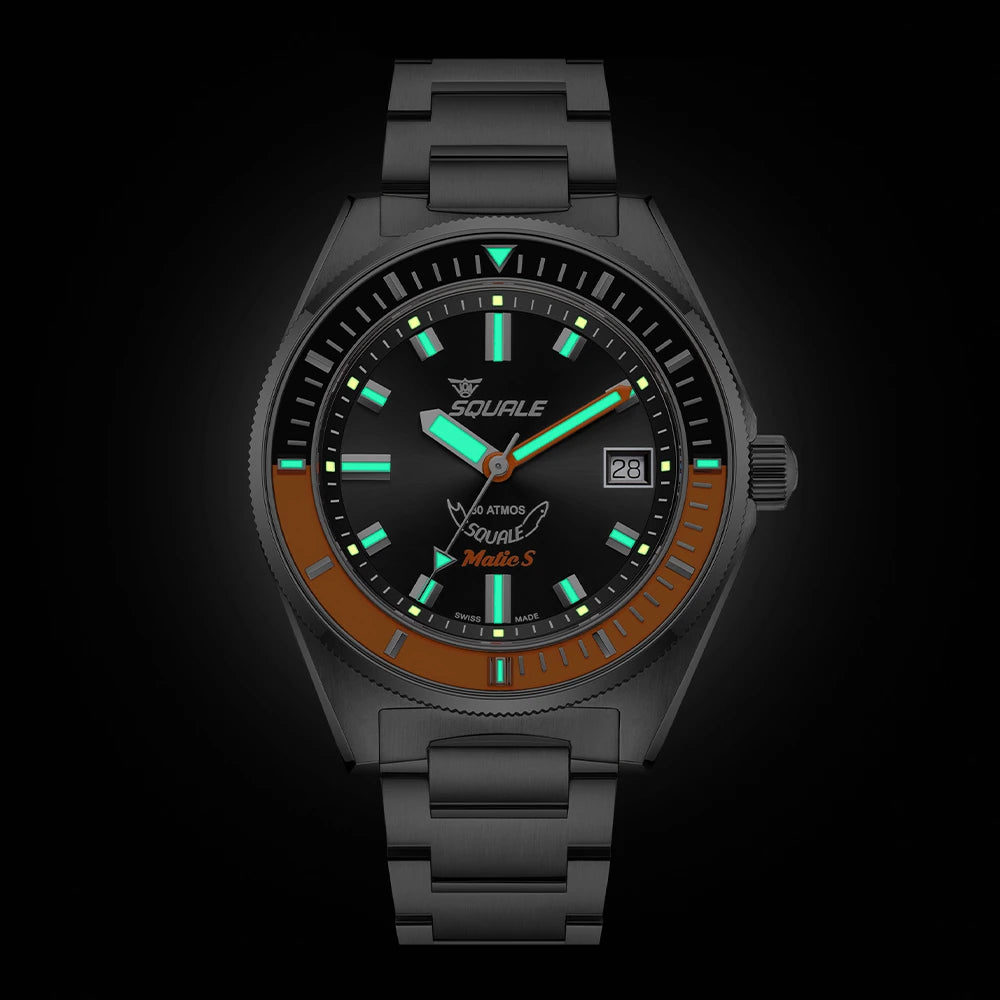 Squale Matic S noire et orange, bracelet acier, luminescence