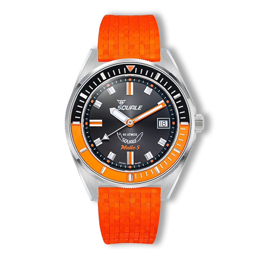 Squale Matic S noire et orange, bracelet caoutchouc Mosaic, vue de face
