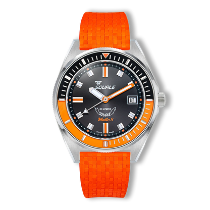 Squale Matic S noire et orange, bracelet caoutchouc Mosaic, vue de face