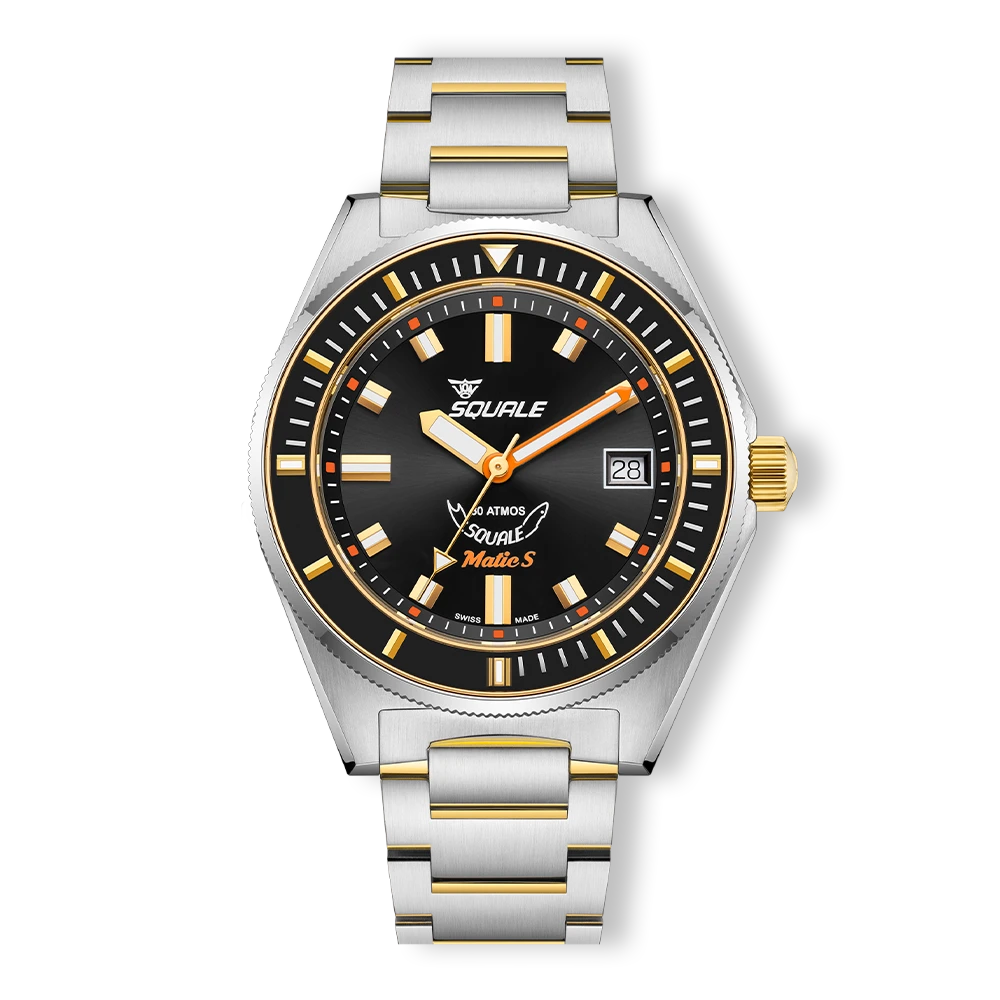 Squale Matic S noire bicolore, bracelet acier, vue de face