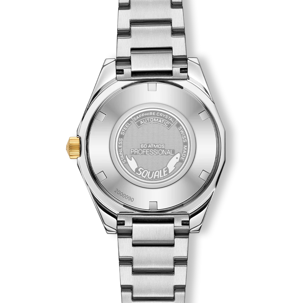 Squale Matic S noire bicolore, bracelet acier, fond du boîtier