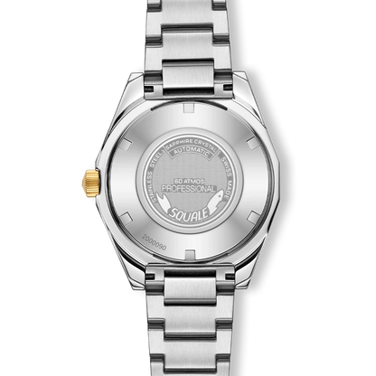 Squale Matic S noire bicolore, bracelet acier, fond du boîtier