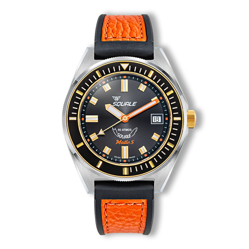 Squale Matic S noire bicolore, bracelet HydroLeather, vue de face