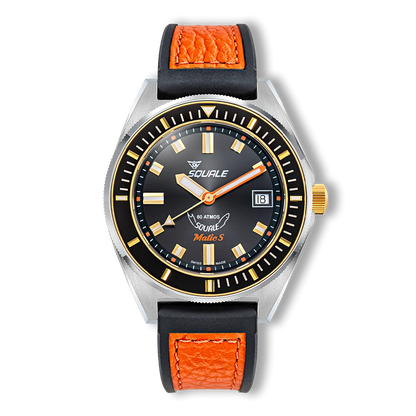 Squale Matic S noire bicolore, bracelet HydroLeather, vue de face