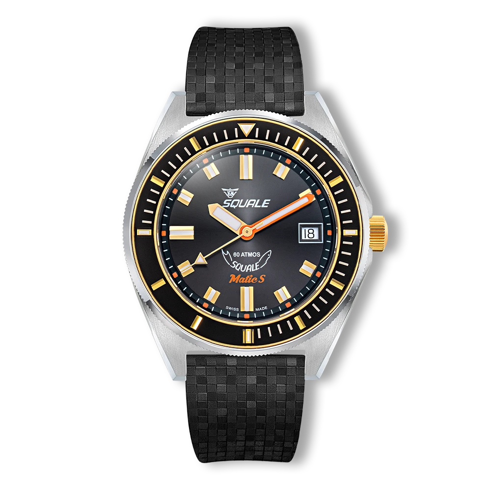 Squale Matic S noire bicolore, bracelet caoutchouc Mosaic, vue de face