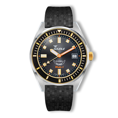 Squale Matic S noire bicolore, bracelet caoutchouc Mosaic, vue de face