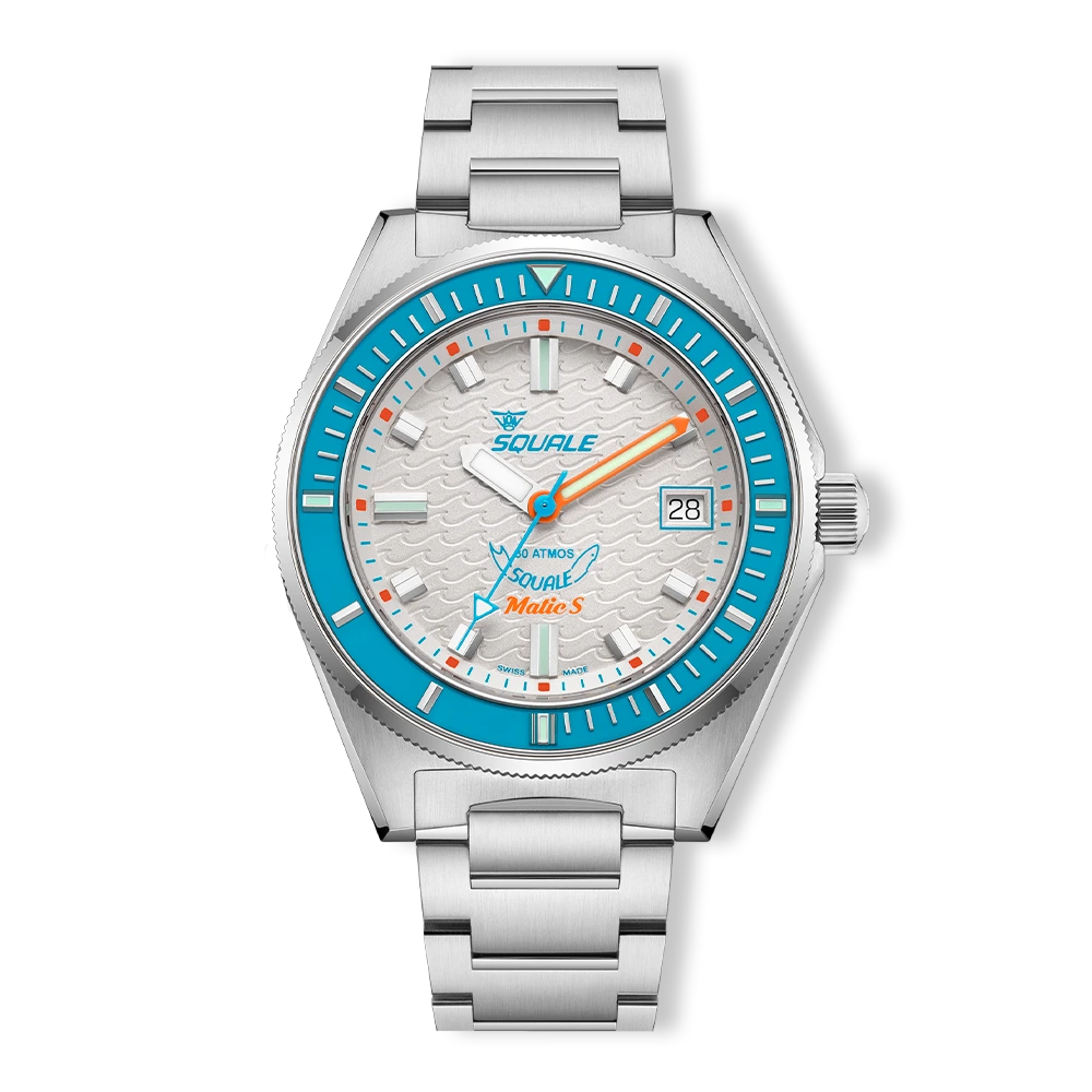Squale Matic S blanche, bracelet acier, vue de face