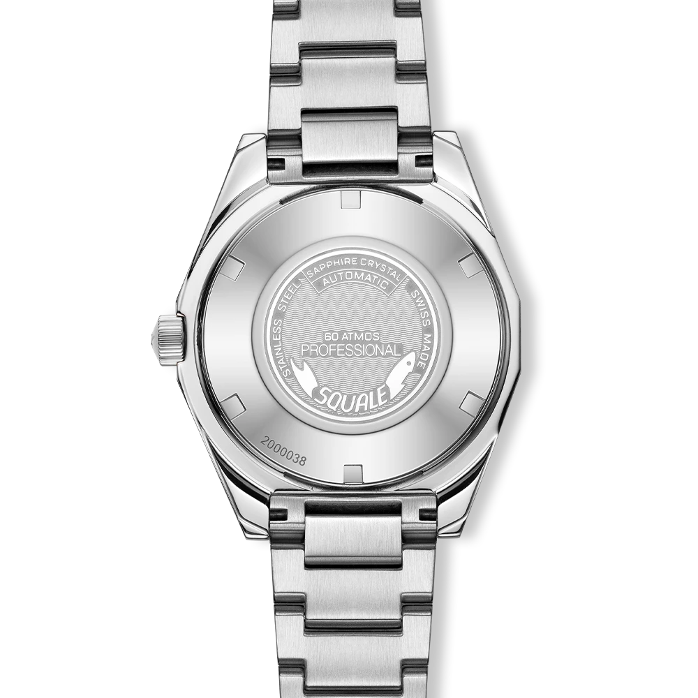 Squale Matic S blanche, bracelet acier, fond du boîtier