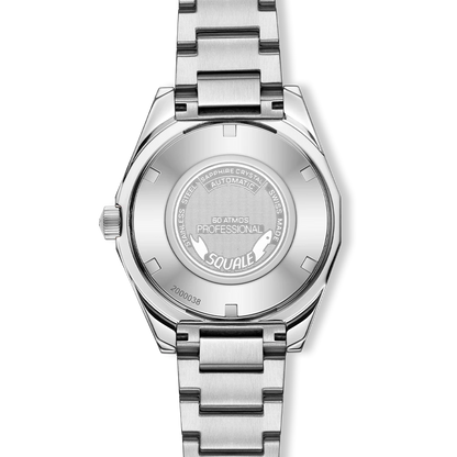 Squale Matic S blanche, bracelet acier, fond du boîtier