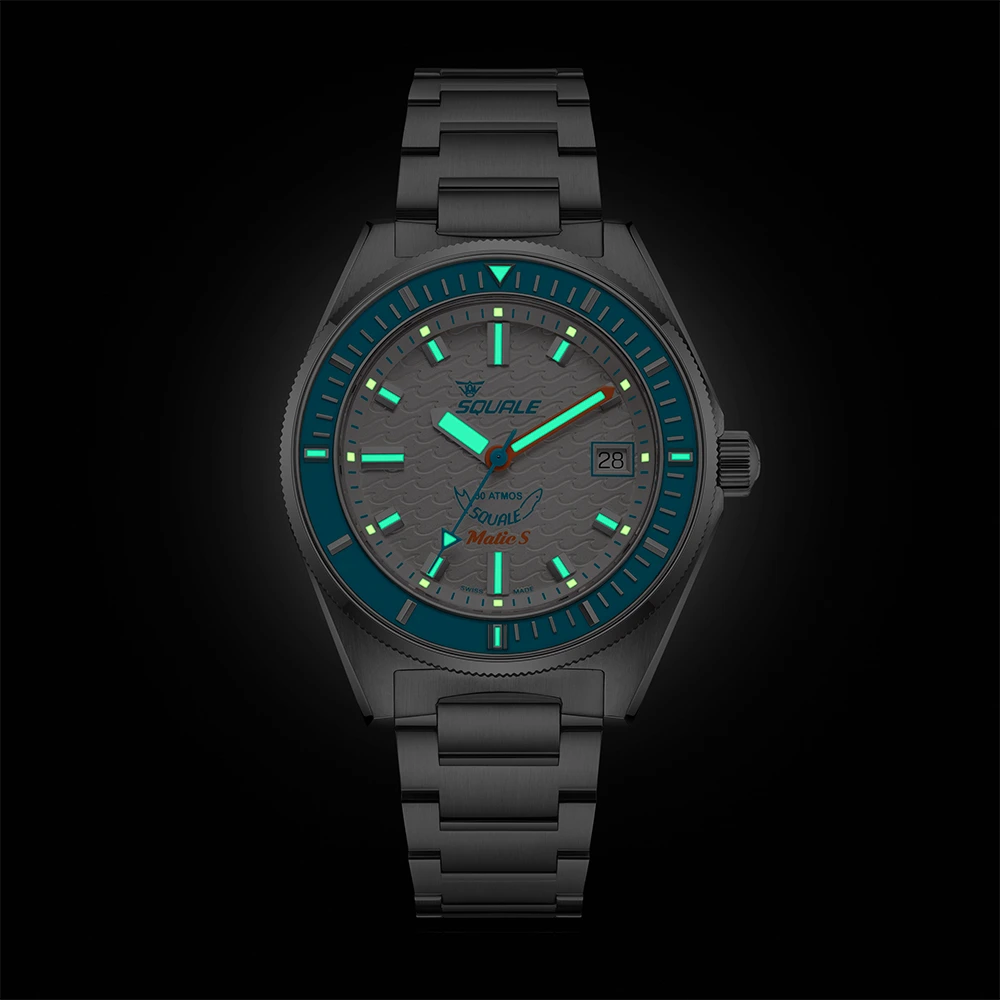 Squale Matic S blanche, bracelet acier, luminescence