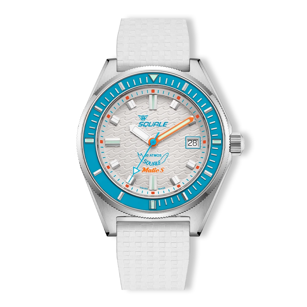 Squale Matic S blanche, bracelet caoutchouc Mosaic, vue de face