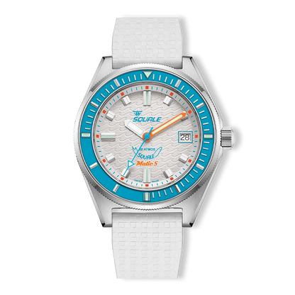 Squale Matic S blanche, bracelet caoutchouc Mosaic, vue de face