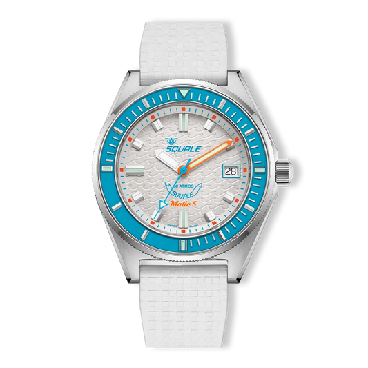Squale Matic S blanche, bracelet caoutchouc Mosaic, vue de face