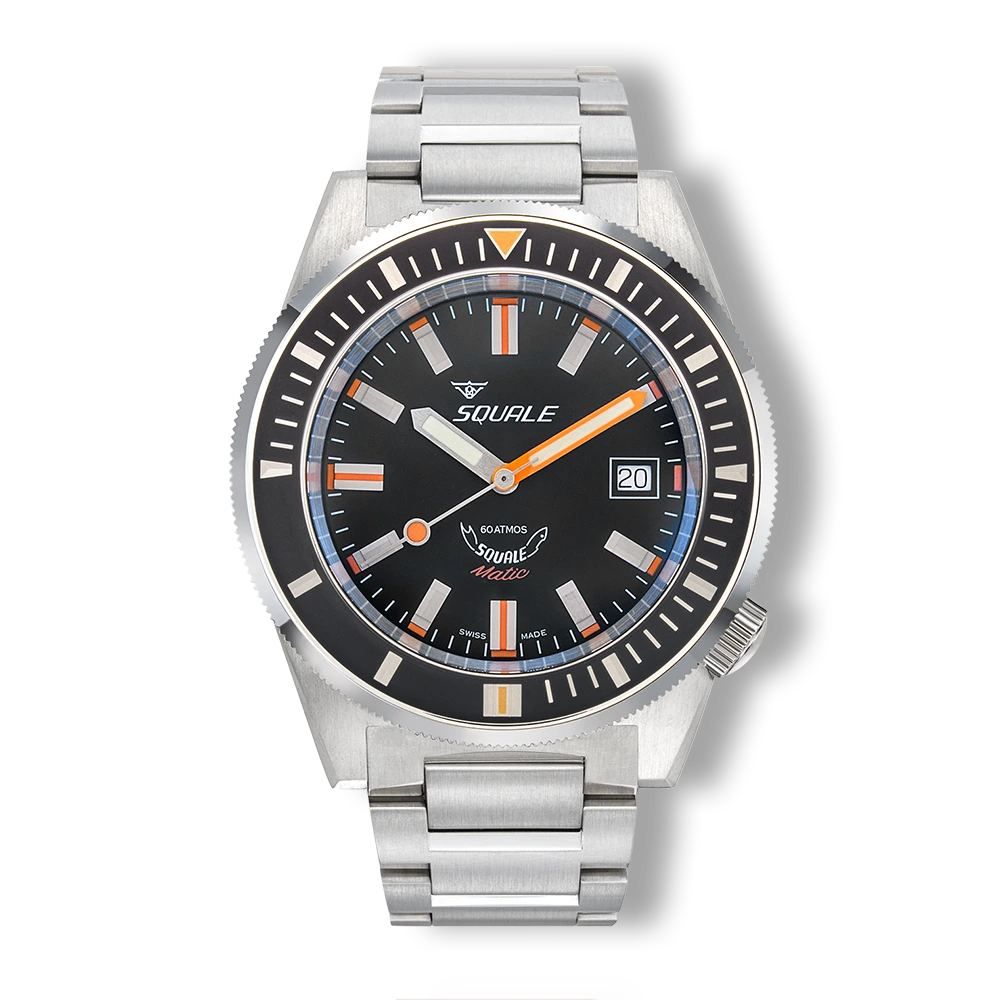 Squale Matic noire satinée, bracelet acier, vue de face