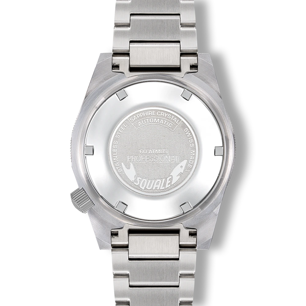 Squale Matic noire satinée, bracelet acier, fond du boîtier