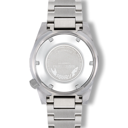 Squale Matic noire et orange satinée, bracelet acier, fond du boîtier