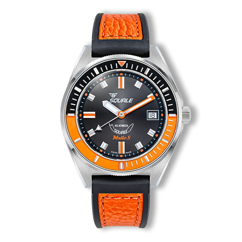 Squale Matic S noire et orange, bracelet HydroLeather, vue de face