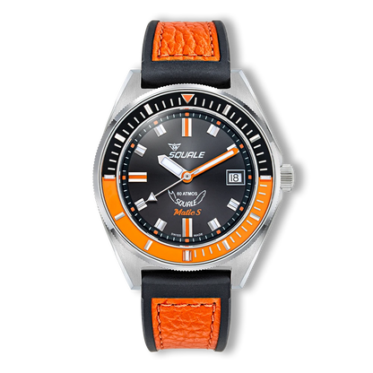 Squale Matic S noire et orange, bracelet HydroLeather, vue de face