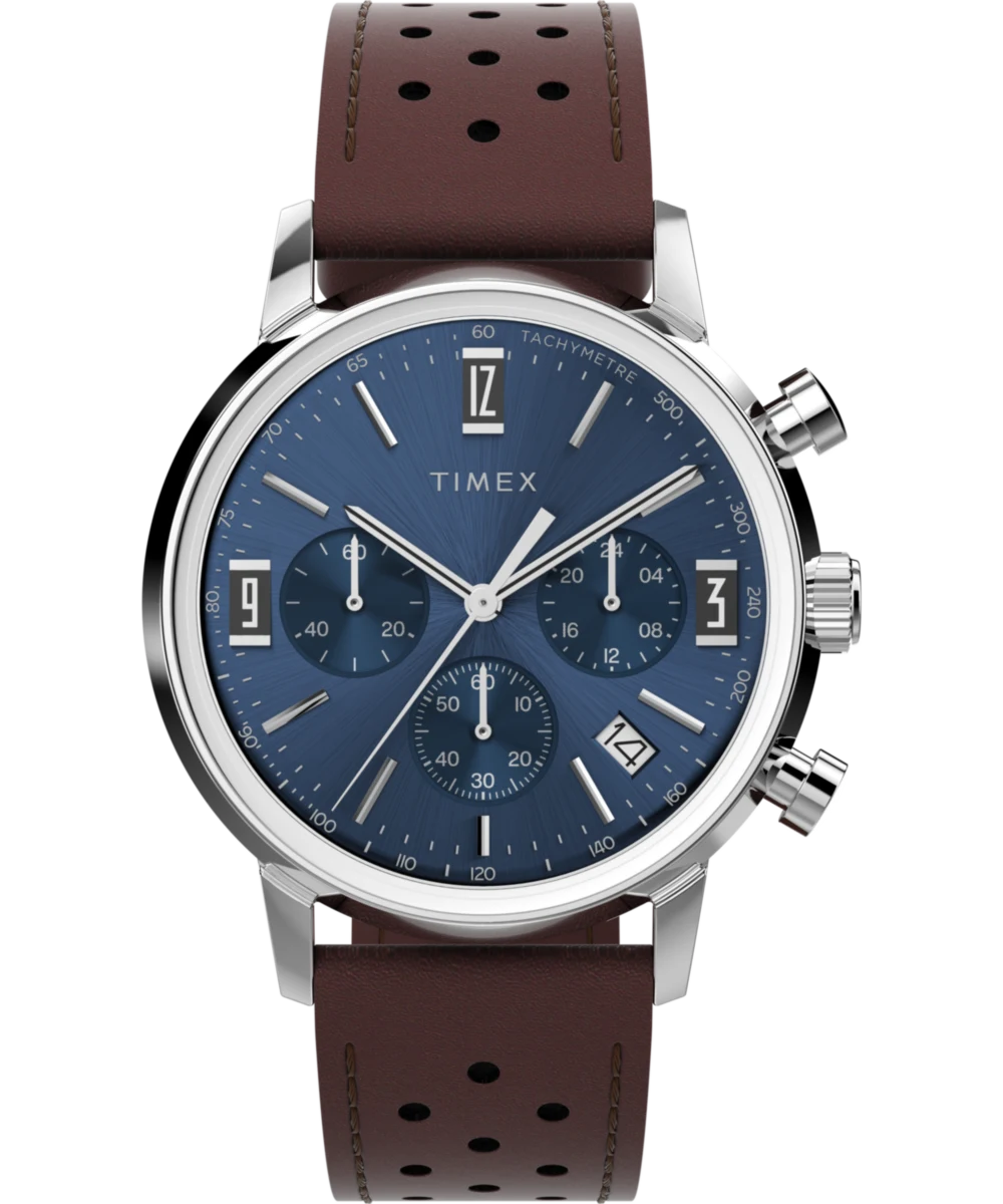 Timex : Marlin chronographe tachymètre bleu 40 mm TW2W10200, vue de face