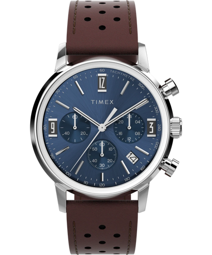 Timex : Marlin chronographe tachymètre bleu 40 mm TW2W10200, vue de face
