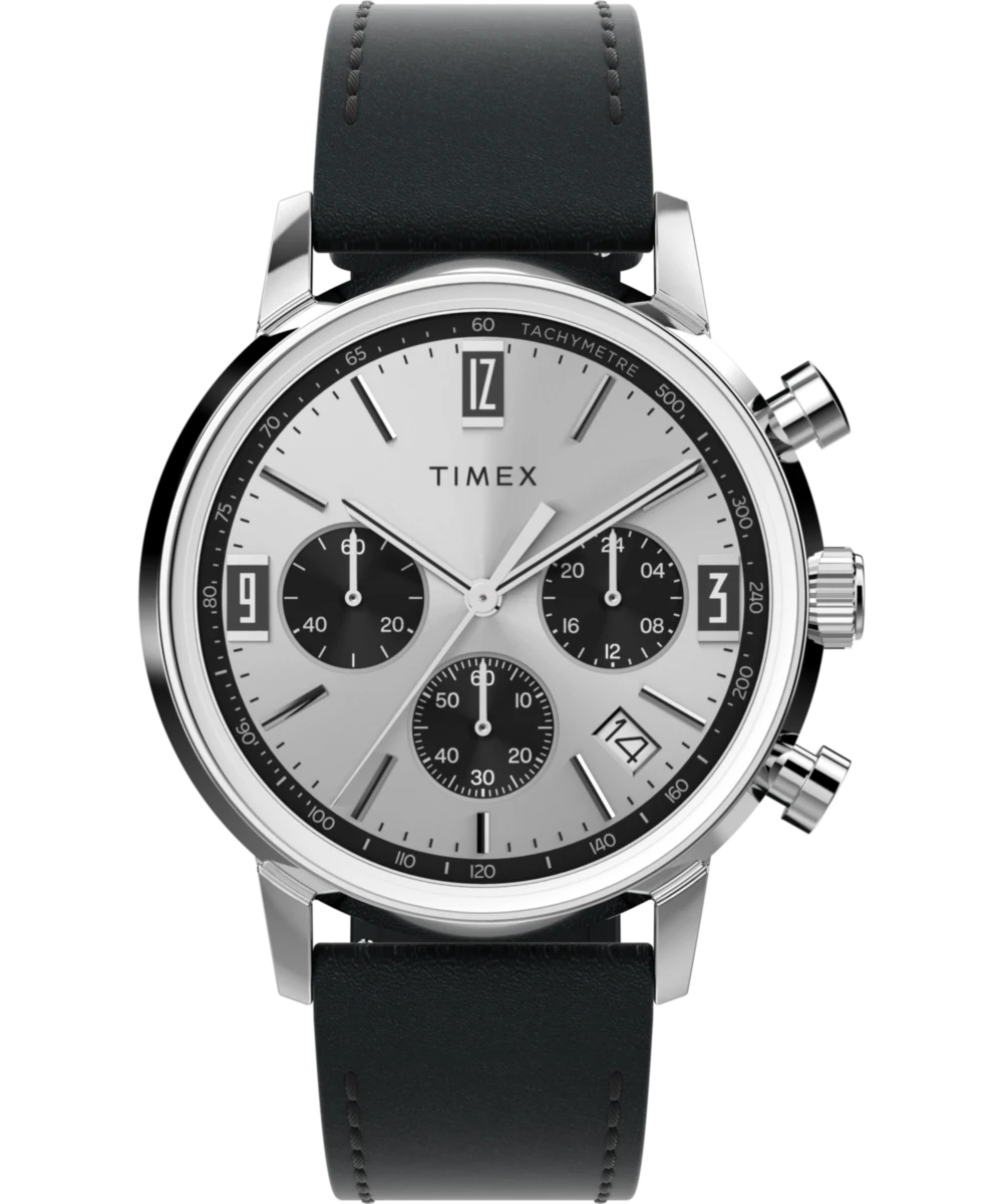 Timex : Marlin chronographe tachymètre argenté 40 mm TW2W10300, vue de face