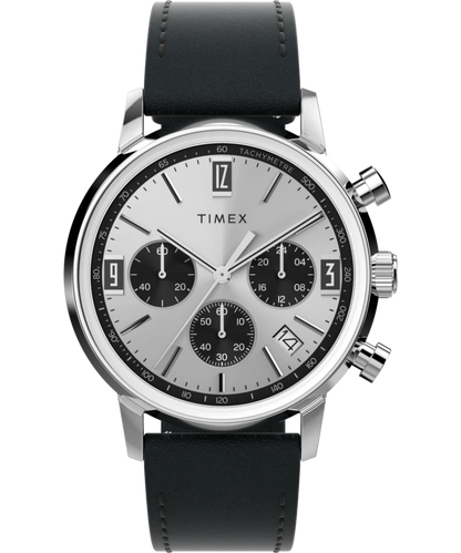 Timex : Marlin chronographe tachymètre argenté 40 mm TW2W10300, vue de face