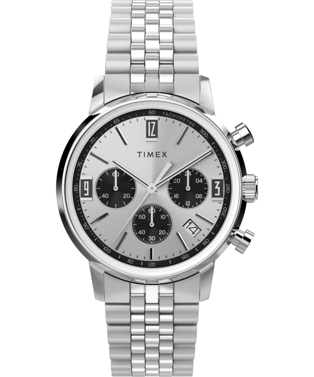Timex : Marlin chronographe tachymètre argenté 40 mm TW2W10400, vue de face
